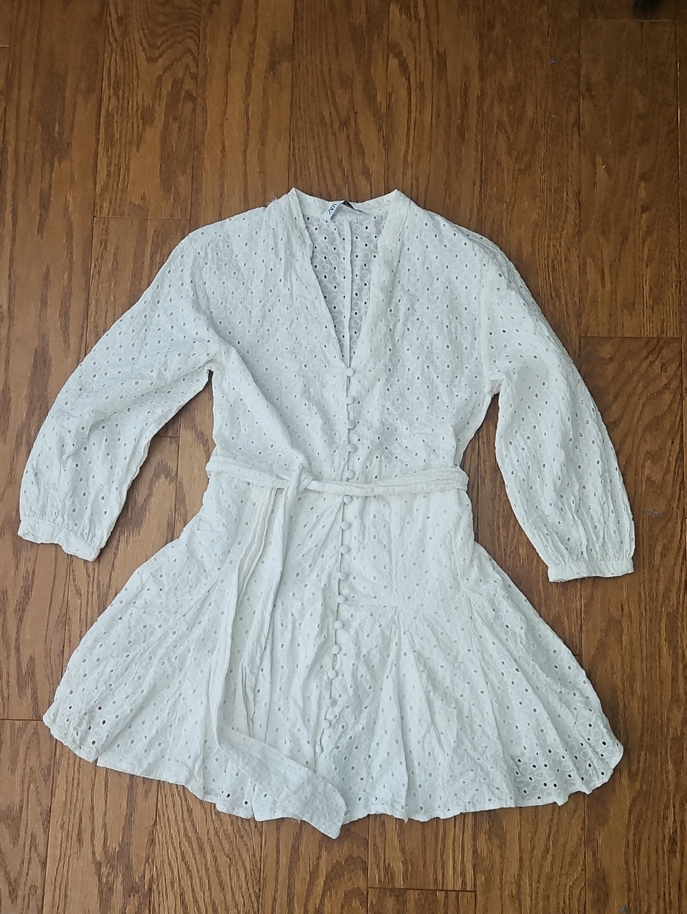 ZARA White Eyelet Button-Down Mini Dress with Belt - Size Medium